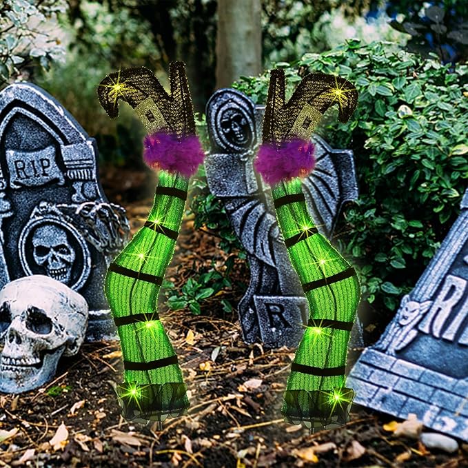 Juegoal Set of 2 Halloween Lighted Wicked Witch Legs with Stakes, 22" Light Up Tinsel Witch Prop, Halloween Yard Signs Timer & 8 Modes, Battery Operated for Outdoor Party Haunted House Garden Decor