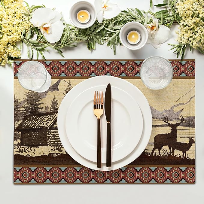 Vintage Bear Moose Placemats Set of 4 Rustic Farmhouse Wild Animal Heat Resistant Table Mat 12x18 Inch Country Cabin Forest Kitchen Mats for Party Dining Table