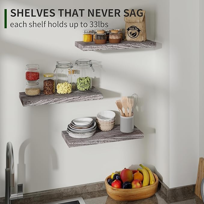 Marsmiles Wood Floating Shelves for Wall Set of 3, 17 Inch Wide Rustic Wooden Floating Shelves, Invisible Wall Mounted Display for Living Room Bedroom Kitchen Bathroom Office, Weathered