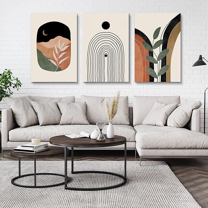 Boho Wall Art Set of 3, Mid Century Modern Canvas Wall Painting, Neutral Abstract Geometric Prints for Bedroom, Bathroom, Living Room, Office