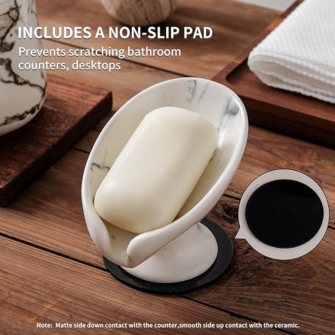 Soap Dish, Marble Soap Holder Self Draining Leaf Shape Soap Dishes,Ceramic soap Holder for Shower,Bathroom Sink, Kitchen (1, Marble)