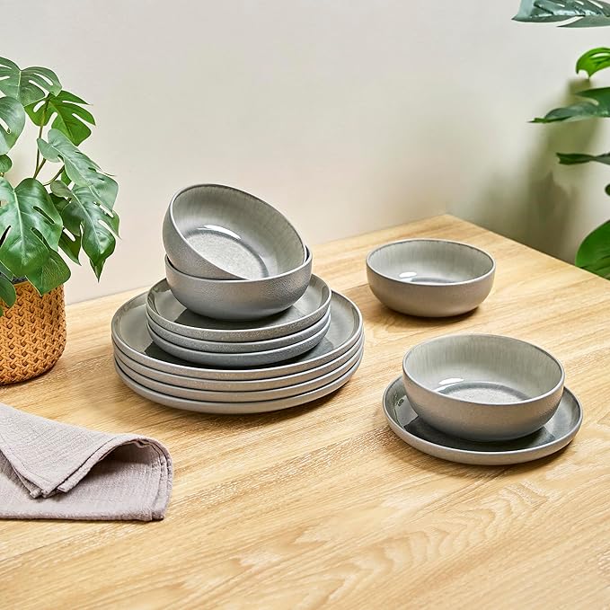 Sango Asher 12-Piece Stoneware Dinnerware Set – Service for 4, Modern Gray with Reactive Glaze, Perfect for Everyday Dining & Entertainment, Microwave & Dishwasher Safe