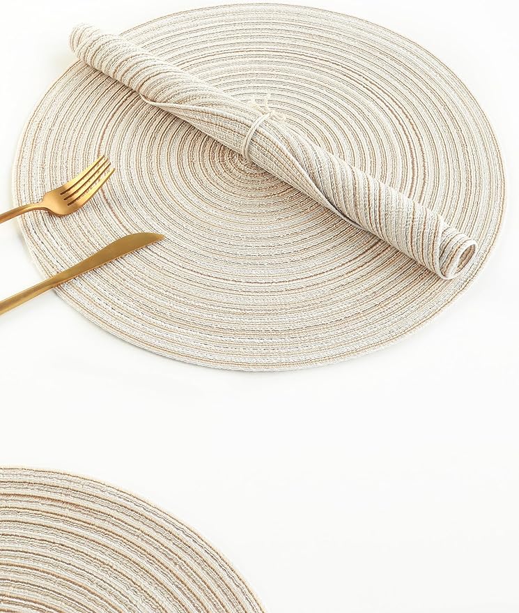 Floroom 15 Inch Round Braided Placemats Set of 4, Washable Heat Resistant Cotton Polyester Circle Place Mats for Kitchen Dining Table - Ivory