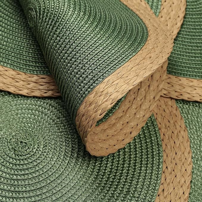 Noctiflorous Round Braided Placemats Set of 4 Table Mats 15 Inches Washable Heat Resistant for Dining Table Non-Slip Indoor Outdoor Place Mats for Thanksgiving Christmas Easter(Green Wide Edge 4)