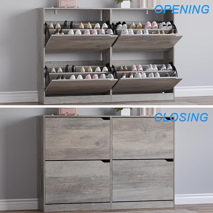 Shoe Cabinet with 4 Flip Drawers, Narrow Hidden Shoe Storage Cabinet, Slim Freestanding Shoe Rack Organizer for Entryway, Hallway, Bedroom, Living Room