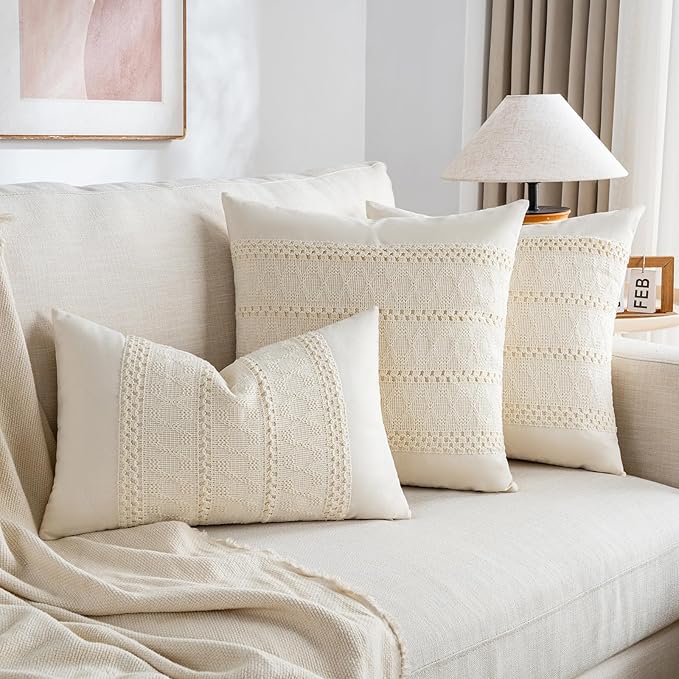Fancy Homi Set of 2 Boho Cream Decorative Throw Pillow Cover 20x20 Inch for Couch Bed Sofa, Aesthetic Modern Organic Farmhouse Home Decor, Soft Cotton Cute Accent Macrame Woven Cushion Case