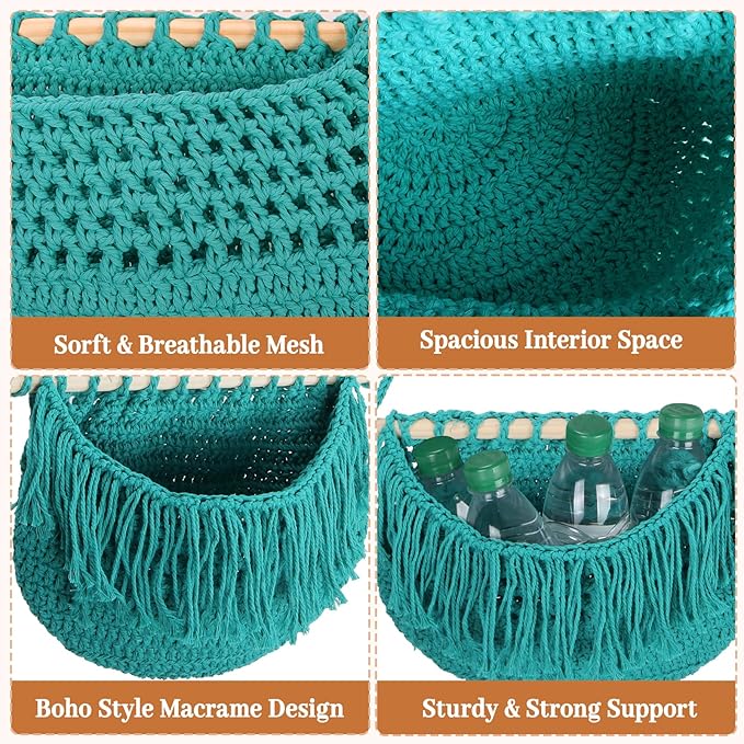 4 Tier Hanging Fruit Basket for Kitchen, 4 Pack Detachable Cotton Crocheted Wall Hanging Baskets Shelf Over Door Organizer for Fruit Veggie Plant, Hanging Storage Basket for Bathroom Bedroom(Aqua)