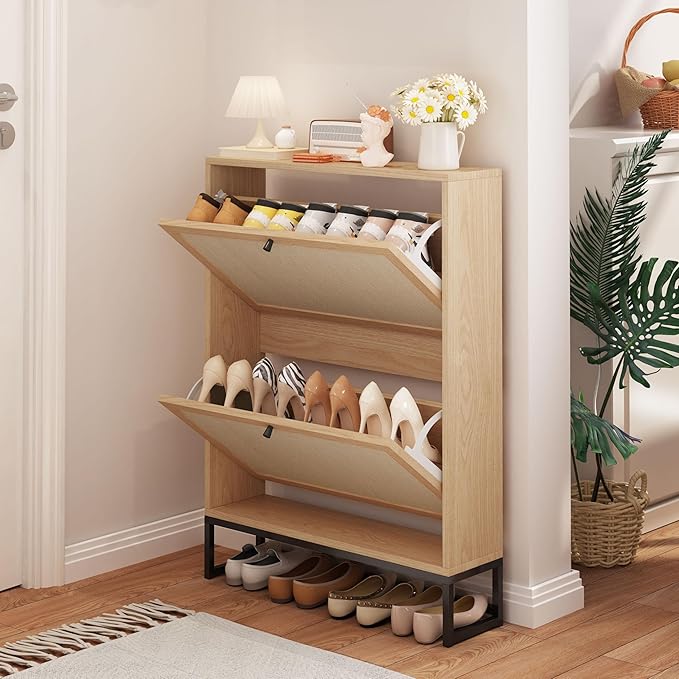 AVZEAR Shoe Cabinet with 2 Flip Drawer Door, Freestanding Shoe Organizer, Shoe Cabinet Storage for Entryway, Shoe Storage Shoe Rack for Closet with Linen Doors Drawer in Hallway, Living Room (Natural)