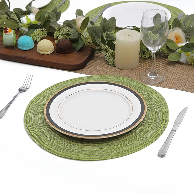 SHACOS Round Placemats Set of 4 Round Table Placemats Braided Cotton Place Mats 15 inch for Kitchen Dining Table Holiday Party (Pea Green, 4)