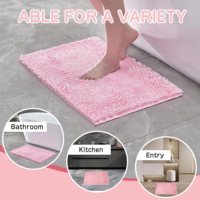 ZiYiJuan Bathroom Rugs, Super Absorbent Luxury Shaggy Chenille Bath Mats, Durable (Pink, 20x32+20x32(in)