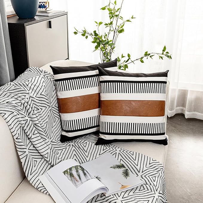 Set of 2 Boho Decor Faux Leather and Cotton Throw Pillow Covers 24x24 Rustic Canvas Cushion Cover Black White Farmhouse Stripe Pillow Case for Sofa Couch Chair Bedroom
