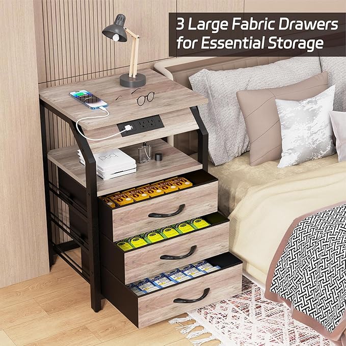 Night Stand Set of 2, Nightstands with Charger Station and LED Lights, End Tables Set with 3 Fabric Drawers, Storage Side Tables for Bedside, Living Room, Greige