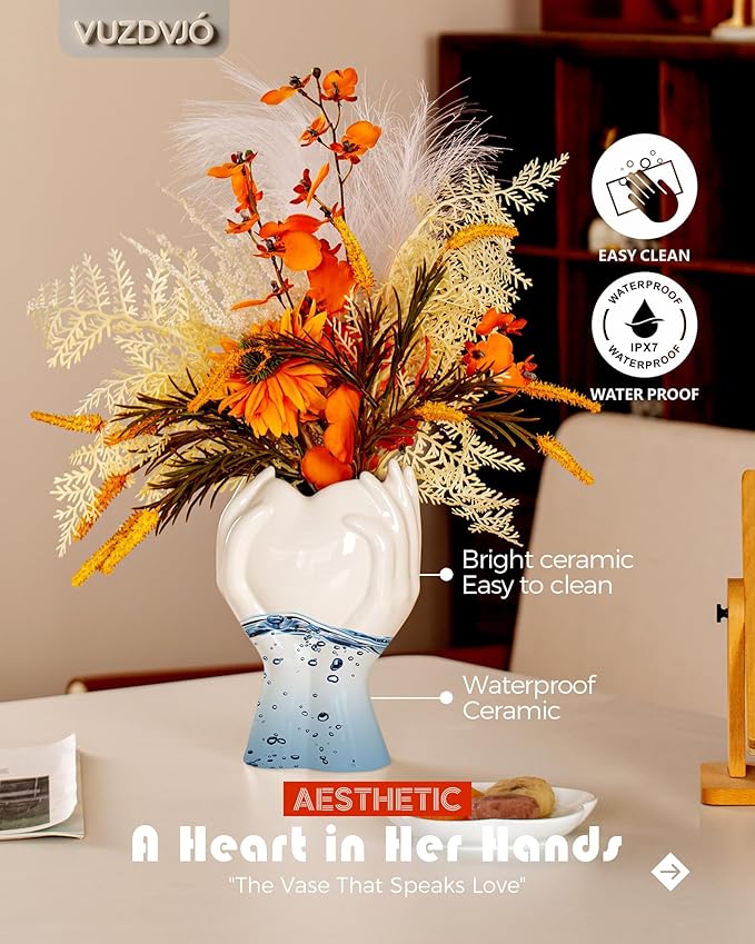 8 inch Tall Hand Heart Flower Vase - Cute Unique Ceramic Small White Vases Home Decor for Pampas Grass Bouquet Plant Tulip Floral - Living Room Coffee Table,Shelf,Dining Table Decor,Mom Gifts (White)