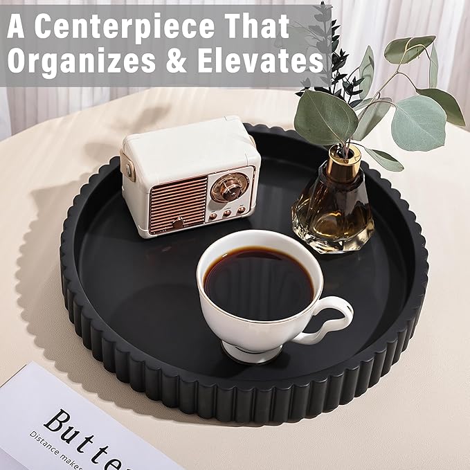 Emma & Ella Round Decorative Tray for Coffee Table Decor – Concrete Round Tray Home Decor – Circle Centerpiece Bandejas Decorativas for Living Room, Ottoman, Vanity, or Entryway (Black)
