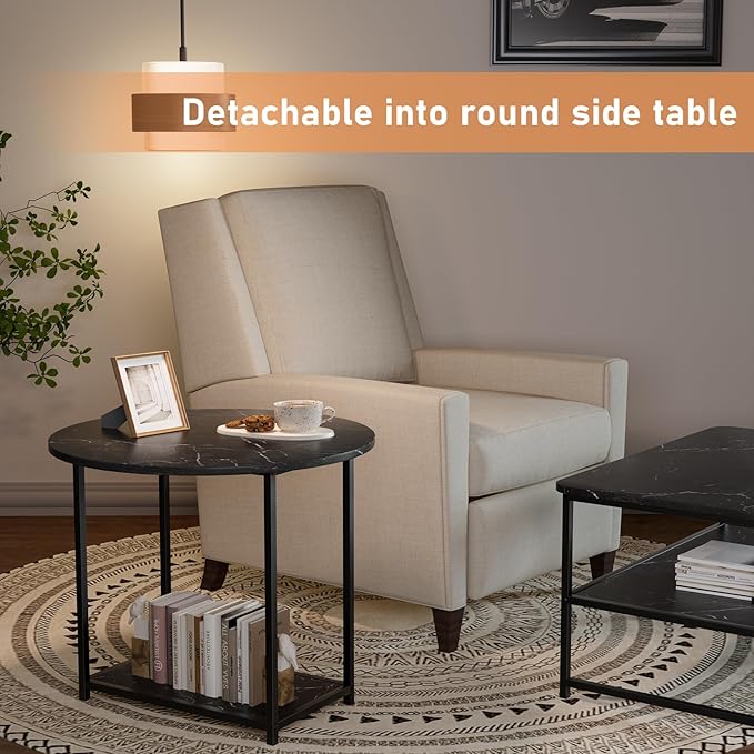 WOHOMO Coffee Table, Black Modern Coffee Tables for Living Room 2 in 1Detachable Small Center Table Set with Storage, Black Marble