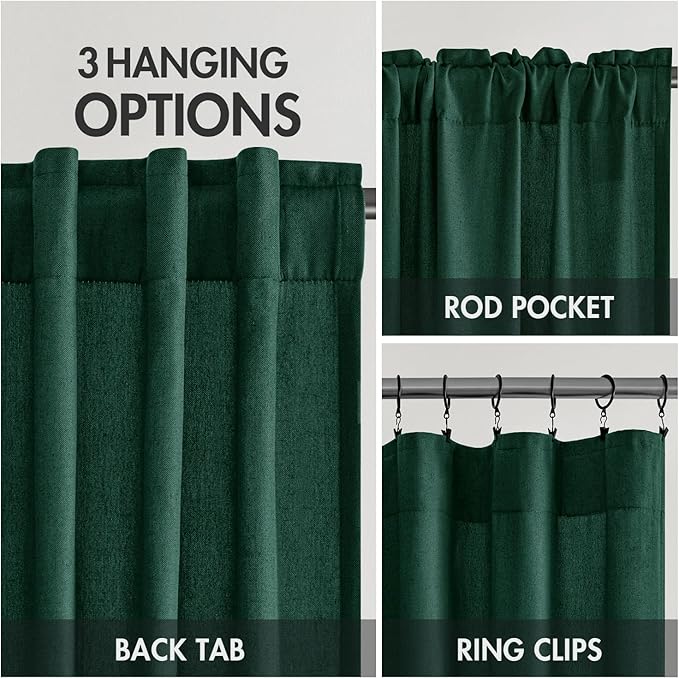 MIULEE Non-See-Through Privacy Linen Curtains 2 Panels, Christmas Emerald Green Light Filtering Window Curtains Textured Back Tab Semi Sheer Drapes for Bedroom Living Room, 52 x 84 Inches Long