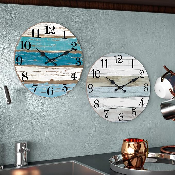 Beach Themed Blue Wall Clocks Battery Operated Silent Non-Ticking, Vintage Round Rustic Coastal Nautical Clock Decorative for Home Kitchen Living Room Office Bathroom Bedroom(10 Inch)