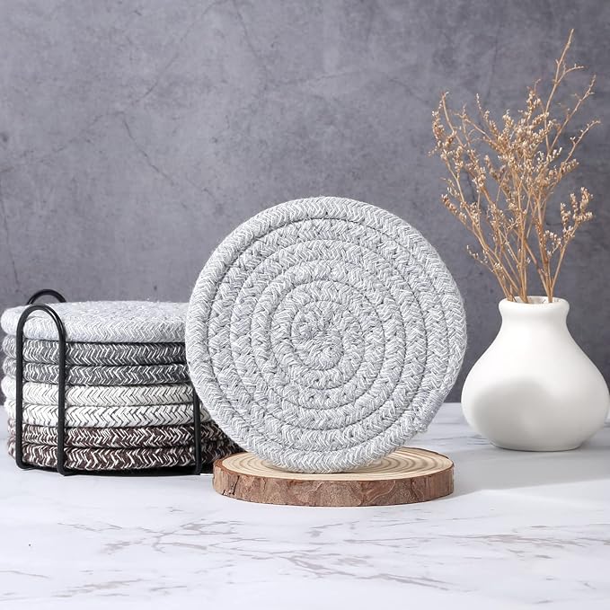 Mckanti 8 Pcs Coasters for Drink with Holder, 4 Colors Absorbent Coasters for Drinks, Minimalist Cotton Woven Coaster Set for Home Decor Tabletop Protection Suitable for Kinds of Cups, 4.3 Inches.