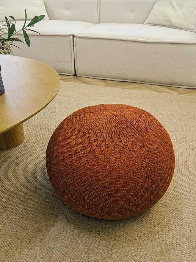 ARTPLAN Round Knit Pouf Hand Knitted,Outdoor Ottoman Foot Rest,Boho Home Decor for Living Room-Bedroom