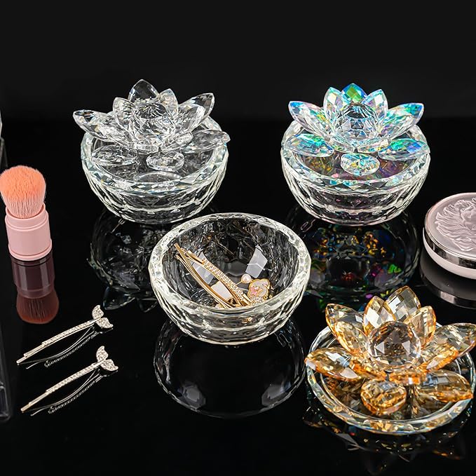 Crystal Jewelry Box Lotus Glass Jewelry Trinket Box with Lid Decorative Box to Ring Earrings Necklace Storage Holder for Home Decor (Gold)