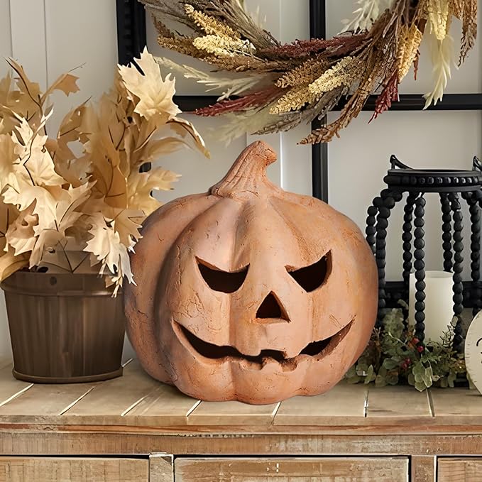 Fall Decorations for Home - Halloween Decorations - Handmade Terracotta Pumpkin Jack O' Lantern Outdoor Indoor -Vintage Halloween Autumn Party Farmhouse Table Decor for Front Porch Door Mantel(Medium)