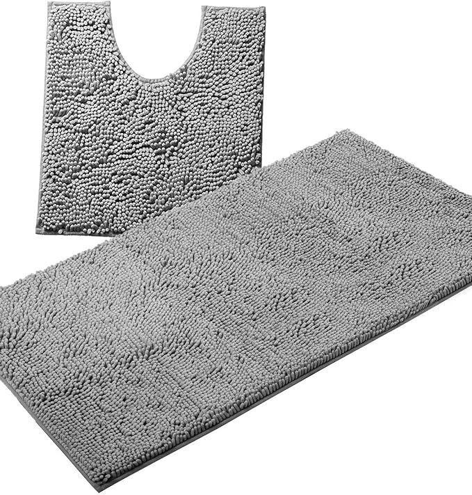 Bathroom Rugs Sets 2 Piece, Luxury Chenille Bath Mat Set, Soft Plush Anti-Slip Bath Rug + U-Shaped Toilet Mat. Microfiber Shaggy Carpet, Super Absorbent (24” x 36” & 20” x 24” U, Light Grey)