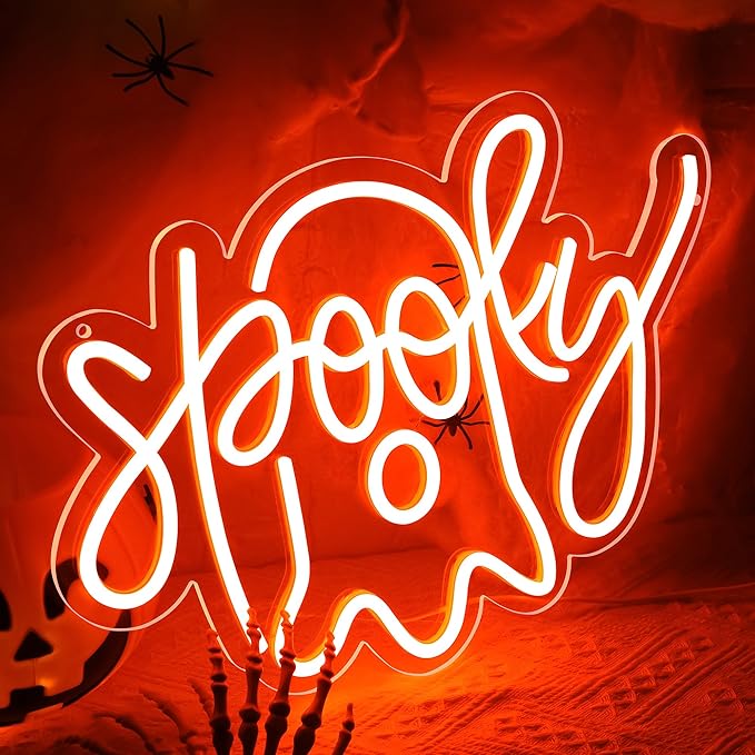 Halloween Ghost Neon Sign for Wall Decor,Orange Ghost Neon Sign Halloween Lights,Ghost Lights Halloween Decor for Kitchen,Bar,Bedroom,Halloween Party Decoration,15.7 * 11.8 inch(D255)