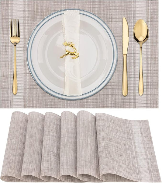 Winknowl Placemats, Set of 6 Heat Resistant Stain Resistant Non-Slip Woven Vinyl Insulation Placemats, Washable Durable Elegant Table Mats for Dining (Beige White)