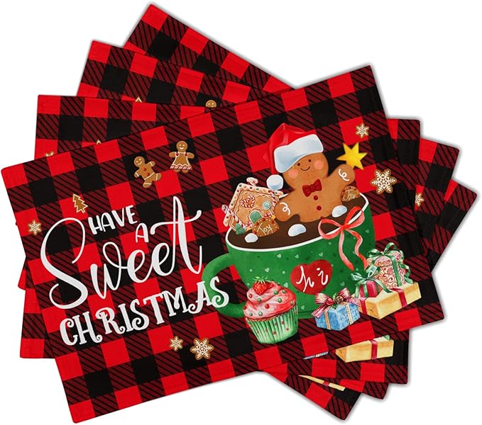 Giwawa Gingerbread Placemats Set of 4, Have A Sweet Christmas Red Black Buffalo Plaids Place Mat, Winter Hot Cocoa Cookie Table Mats 12"x18" for Kitchen Dining Holiday Party Decor