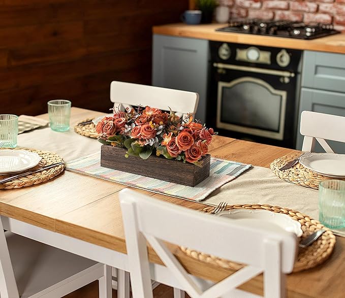 Dahey Centerpiece Table Decorations for Dining Room Farmhouse Living Room Table Centerpieces Decor Wood Tray with 3 Artificial Flowers and 2 Eucalyptus for Kitchen Table, 14.1" x 4.7" x 3.1", Orange
