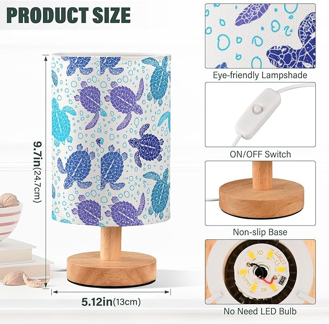 Table Lamp Sea Turtle Ocean Bubble Pattern Marine Animal World Turtles Nightstand Lamp with Wood Base Fabric Lamp Shade Bedside Desk Lamp for Living Room Bedroom Kids Room Office