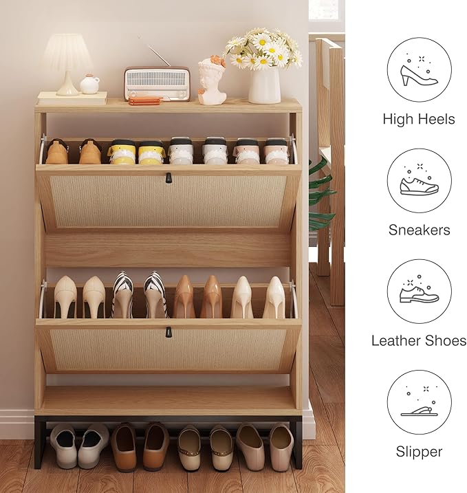 AVZEAR Shoe Cabinet with 2 Flip Drawer Door, Freestanding Shoe Organizer, Shoe Cabinet Storage for Entryway, Shoe Storage Shoe Rack for Closet with Linen Doors Drawer in Hallway, Living Room (Natural)