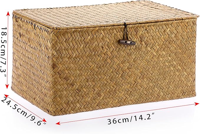 Hipiwe Wicker Shelf Baskets Bin with Lid, Handwoven Seagrass Basket Storage Bins Rectangular Household Basket Boxes for Shelf Wardrobe Home Organizer, Caramel Large