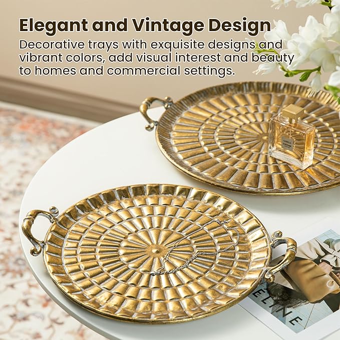 Glitzhome Set of 2 Vintage Decorative Trays with Handles, Metal Large Round Gold Embossed Jewelry Decorative Trays, Bathroom Dresser Vanity Trays