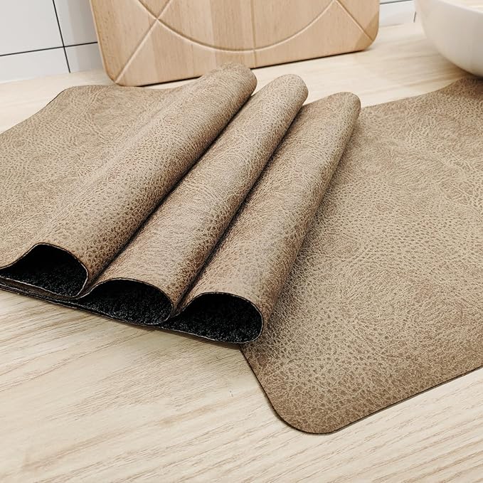 Placemats Set of 4, 6 for Dining Table, Fake Pu Table Cloth Set, Washable Textile Mats 12"x18" Brown