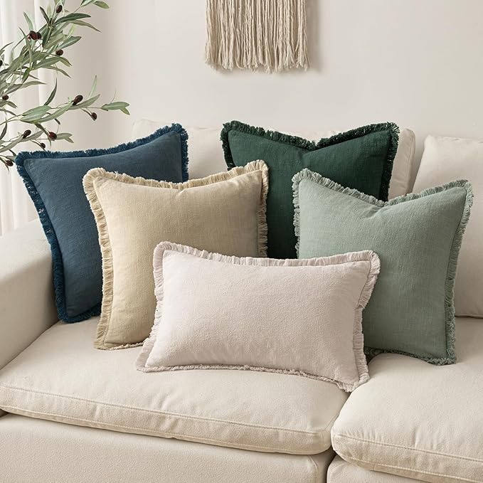 MIULEE Decorative Throw Pillow Covers Neutral Linen Fringe Throw Pillows Set of 2 Beige Boho Farmhouse Cushion Covers with Tassels for Couch Sofa Bed Living Room Spring Home Decor 20x20 Inch