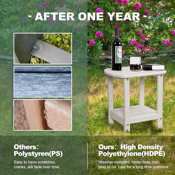 nalone Adirondack Side Table 16.5" Outdoor Side Table HDPE Plastic Double Adirondack End Table Small Table for Patio (White)