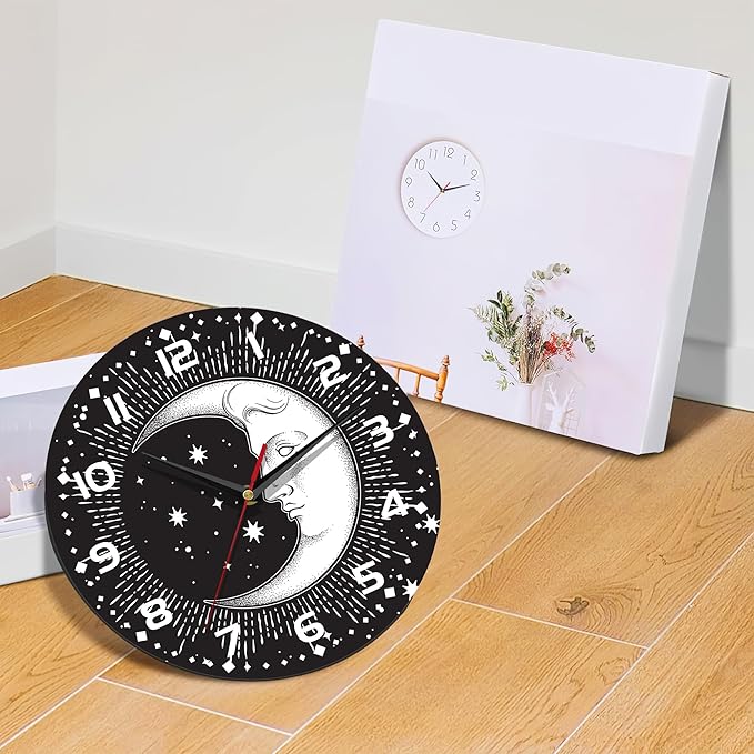 Clock for Living Room, Boho Crescent Moon and Stars Wall Clock Silent Non-Ticking Battery Operated Clock 10 Inch, Home Decor for Living Room, Kitchen, Bedroom and Office