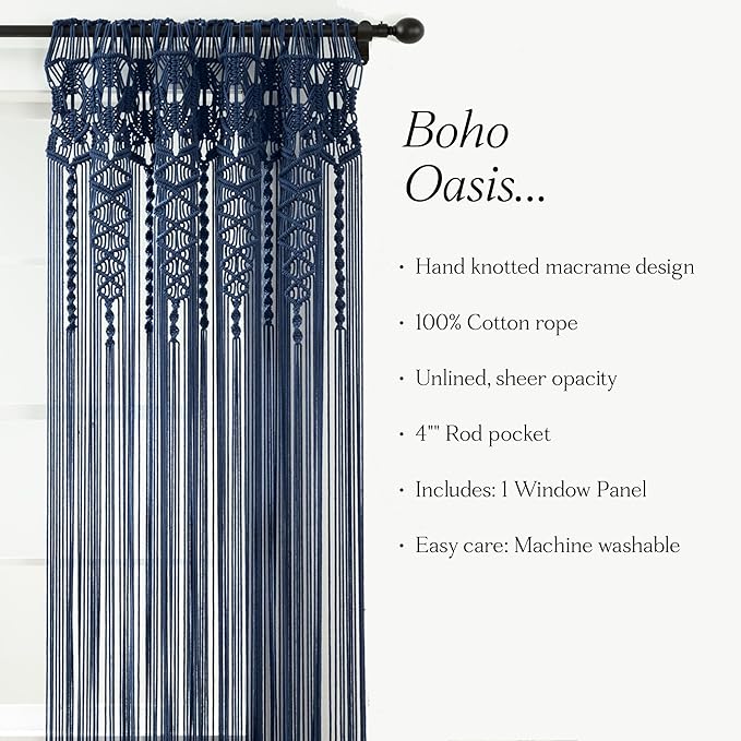 Lush Decor Boho Macrame Textured Cotton Window Curtain Panel, Single Panel, 40" W x 84" L, Navy - Doorway Curtain - Room Divider, Wedding Or Wall Decor - Boho Curtain - Macrame Curtains for Windows