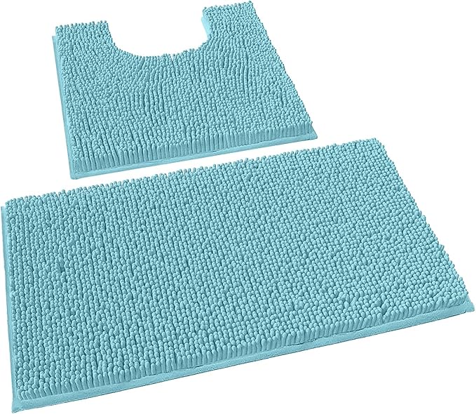 LuxUrux Bathroom Rugs Sets 2 Piece: Quick Dry, Soft Plush Anti-Slip, Super Absorbent. Includes Rectangular (31x20 inches) & U-Shaped Toilet Mat (20x20 inches) | Spa Blue