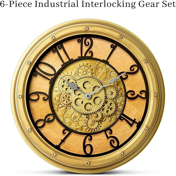 Wall Clock with Moving Gears, Vintage Industrial 16-Inch Silent Non-Ticking Steampunk Timepiece, Retro Frame Analog Battery Operated, Rustic Mechanical Decor for Living Room, Home, Office, Loft(Gold)