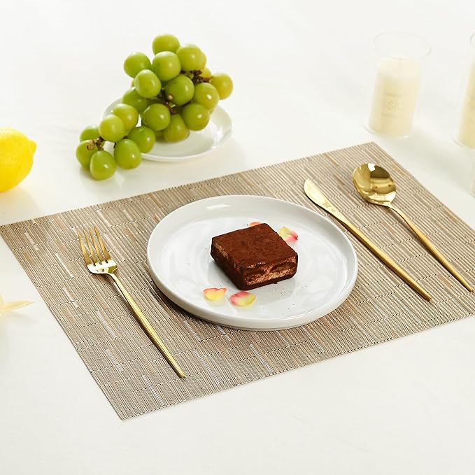 Leetaltree Light Brown Placemats Set of 6 - Heat Resistant Non-Slip Place mats for Dining Table, Washable Durable PVC Vinyl Woven Table Mats(Light Brown, 6)