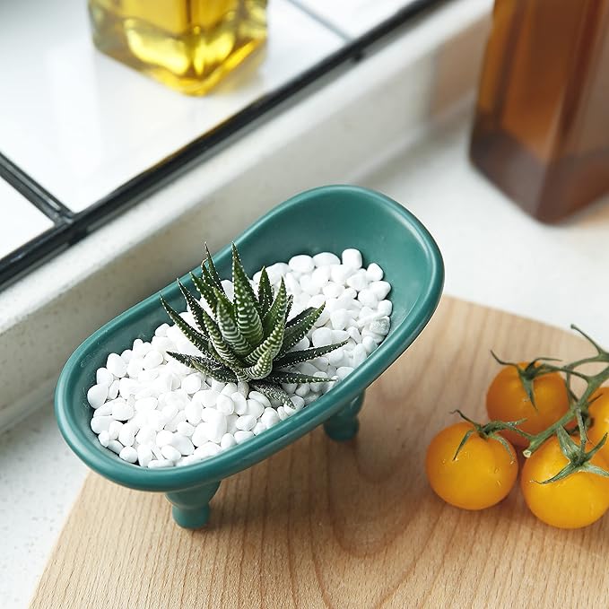 1 Piece 5.6" Colorful Ceramic Mini Clawfoot Bathtub Soap Dish Decortative Soap Dish Small Planter Makeup Organizer Container Hamster Bathtub(Green)
