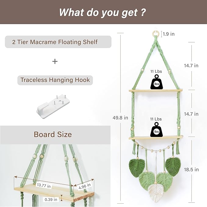 Macrame Wall Hanging 2-Tier Shelf, Boho Floating Wooden Shelves with Green Woven Rope and Leaf Decor,Plant Display for Bedroom, Dorm, Nursery, Living Room, and Bathroom Wall Decor