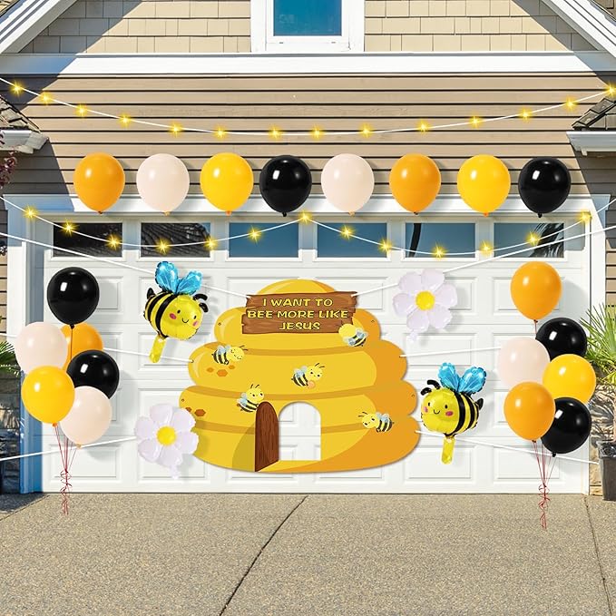 Halloween Trunk or Treat Car Decorations Kit - Halloween Car Decor with Bee Theme Banner, Balloons, Yellow String Lights, Halloweens Outdoor Decorations for Cars SUV Garage Door Entryway Archway