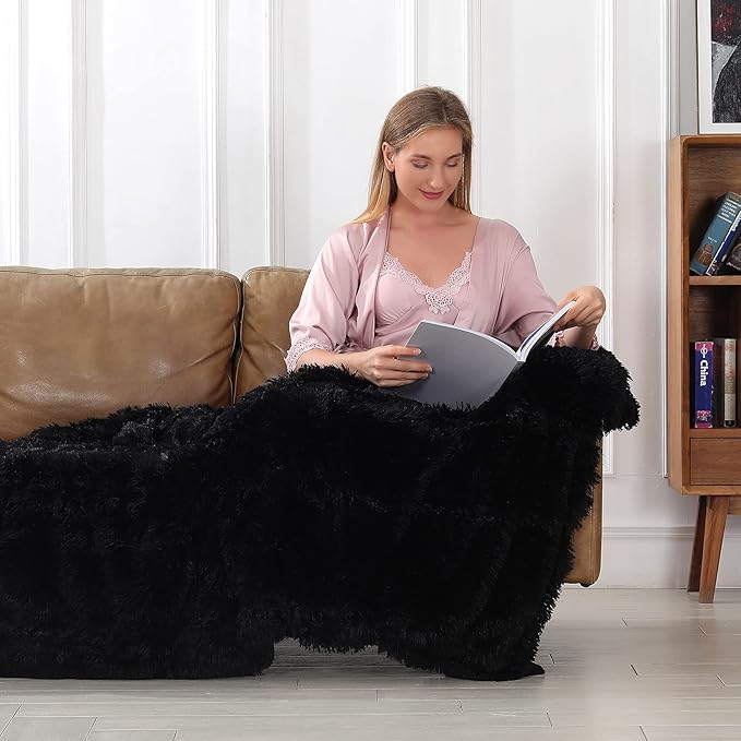 Tuddrom Decorative Extra Soft Faux Fur Throw Blanket 50" x 60",Reversible Fuzzy Long Hair Shaggy Throw Blankets, Fluffy Cozy Plush Fleece Comfy Microfiber Fur Blanket for Couch Sofa Bed, Black