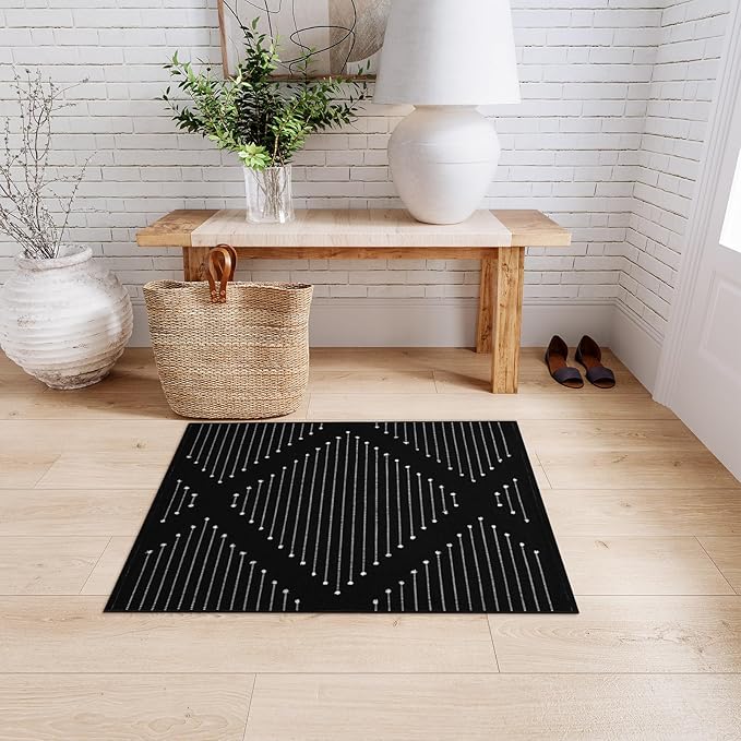 LIVEBOX Boho Black Rug for Kitchen,3' x 5' Washable Area Rug for Entryway,Moroccan Cotton Throw Rugs Morden Indoor Carpet Door Mat for Bedroom Laundry Room Hallway
