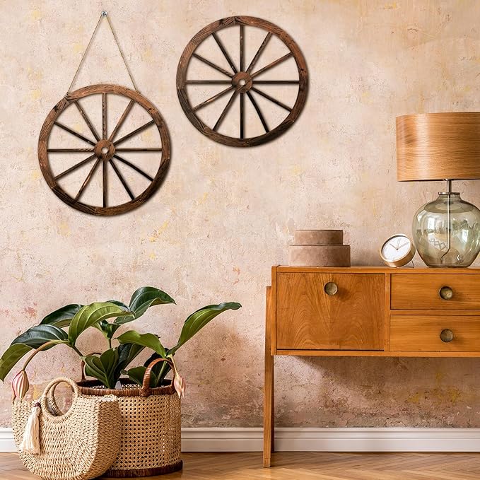 2 Pcs Wagon Wheel Decor Wooden Western Cowboy Party Decorations Vintage Rustic Wagon Wheel Wood Cartwheel Decor for Bar Garage Indoor Outdoor (Brown,18 Inch)