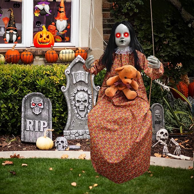 Scary Halloween Decorations Outdoor, Halloween Hanging Swinging Doll Girl with Sound & Slap Activated, Light Up Eyes Creepy Sound Expressions, Large Scary Halloween Decor Props for Indoor Outside