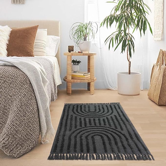 LEEVAN Indoor Door Mats for Entryway 3X5, Washable Rainbow Kitchen Rug, Woven Nursery Rug with Tassel, Boho Tufted Bedroom, Cute Dorm Mat for Classroom/Porch/Living, Dark Grey